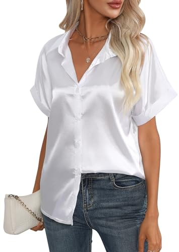 Maeau - Chemise en Satin Femme Chemiser en Soie Manches Courtes Dames Bureau Top Élégant Casual Travail Chemise L Blanc