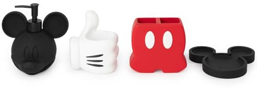 Jay Franco Disney Mickey Mouse Bathroom Organizer Set - 4 Piece Red, Black and White Accessories Includes Resin Soap Dispenser, Soap Dish, Toothbrush Holder and Tumbler - Bathroom Décor