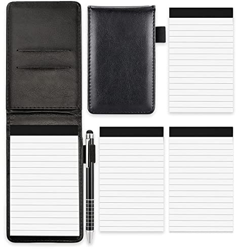NEUSID 4 Pcs Small Pocket Notebook Mini Notepads Set, A7 PU Leather Note Pads Pocket Size Notebooks Pen Holder with 2 Notepad Memo Book Refills with 30 Lined Paper Per Note Pad and 1 Metal Pen