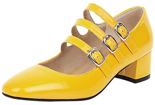 Diuniarza Cuir Verni Mary Jane Femme Bout Carré Bloc Pumps Bride Cheville Classiques Elegant Chaussures Habillées Mode Jaune Taille 38 EU/39 Asiatique