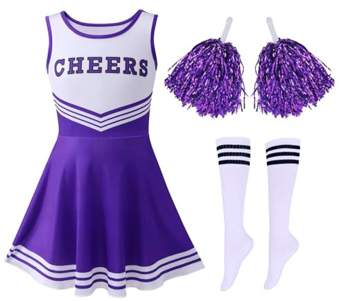 Hotfiary Girls Cheerleading Halloween Costumes with Pom Poms and Socks Toddler Cheerleader Fancy Dress Outfit Uniform for 3-12 Years