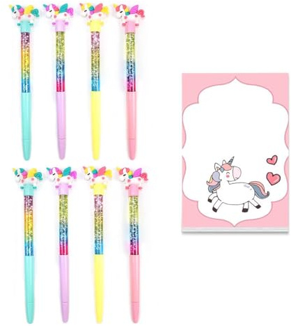 Cheval Arc-En-Ciel: Stylos à Paillettes et Sables Mouvants, 8 Stylos et 50 Notes Autocollantes, Papeterie Exquise pour Enfants
