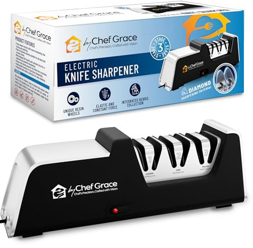 Three Stage Diamond Electric Knife Sharpener with 100% Diamond Abrasives. 15° Precision Angle Guides with 350 Grit, 600 Grit and 1000 grit for a Professional Sharpening and polishing