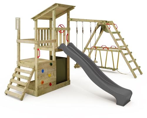 FATMOOSE FruityForest Fun XXL lektorn med surfkonstruktion, gunga och rutschkana, klättertorn utomhus för barn med sandlåda för trädgården (antracit)