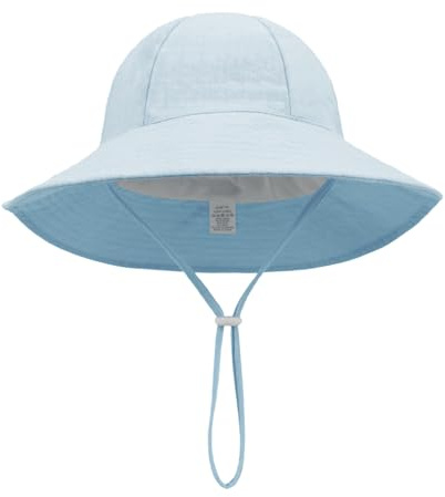 QKURT Infant Baby Bucket Sun Hat, Toddler Sun Protection Hat with Chin Strap, Newborn Cotton Floppy Summer Outdoor Beach Cap, Adjustable, Breathable, for 6-24 Months Boys Girls Blue