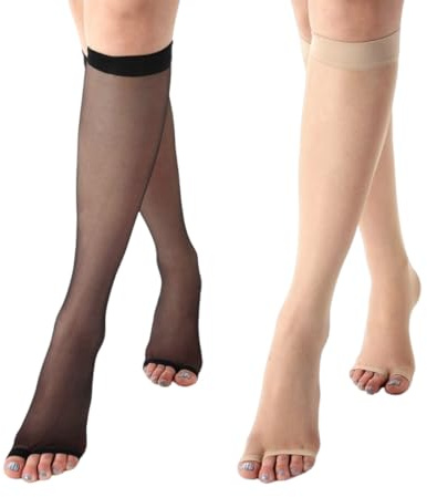 HABNI 2 Pares Medias Hasta La Rodilla Con La Punta Abierta Calcetines Punta Abierta Minimedias Para Sandalias Negro Natural Brillante Resistente A La Rotura Y Sin Presión Fino Y Suave Material