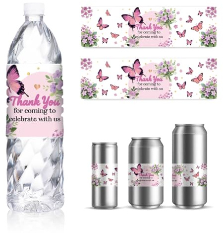 GOMAKERER 30 Sheets Wedding Water Bottle Labels, Butterfly Flower Drinking Water Container Labels Personalized Self-Adhesive Wraps Sticker for Water Bottle Bridal Party Favor, 8.5x2.5 Inches