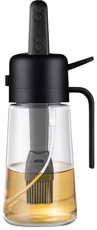 Wood Homing 2-in-1 Oil Spray Brush Bottle - 470ml Glass Olive Oil Dispenser Sprayer Container Pourer with Silicone Pastry Brush Food-Grade Mister for Kitchen Cooking Salad Air Fryer BBQ Baking (Black)