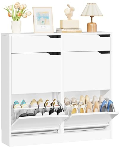 IRONCK Schuhschrank mit 4 Klappen, Schuhkipper Schmal mit 2 Schubladen, freistehendes Schuhregal, Schuhkommode mit verstellbaren Trennwände, Schuhablage Schrank für Flur Eingang und Wohnzimmer (Weiß)