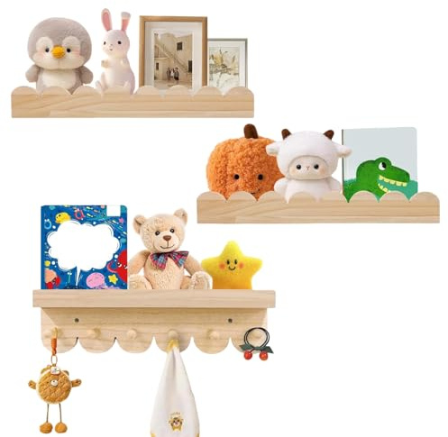 Wooden Nursery Book Shelves with Hooks, 3PCS Wall Kids Nursery Shelves | Scalloped Baby Floating Shelves for Kids Bedroom Living Room, Wall Toy Storage Organizer, 40CM, Easy Install