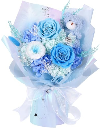 Ramo de Flores Preservadas con Osito, Rosas Eternas Azules, Regalo Mujer