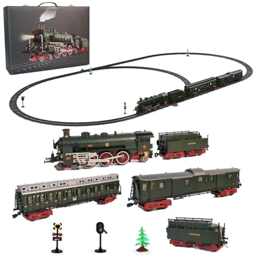 MetaHrystynx Juego de tren eléctrico de aleación para adultos, locomotora de vapor de tren eléctrico vintage de Navidad con carro, pista larga, luces y sonidos, regalo para Navidad y cumpleaños (verde