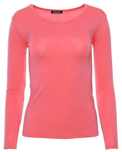 Easy Young Fashion - Damen Basic Rundhals Shirt - Langarm Unterziehshirt - Skinny Fit 1093 - Koralle L