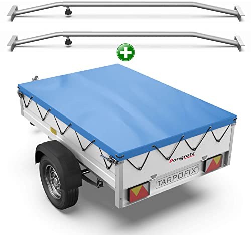 Tarpofix® Telo per rimorchio auto 256 x 145 x 8 cm + 2x Staffa per telone (regolabile 140-210 cm) - Copri rimorchio in materiale PVC - Telo PVC per vari rimorchi auto da 750kg & 1000kg