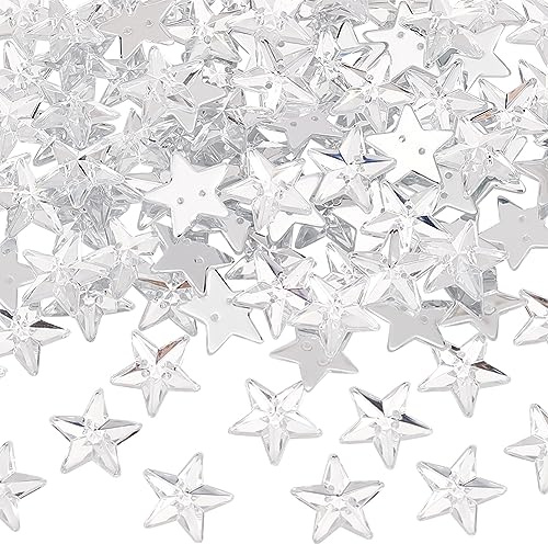 OLYCRAFT 100Pcs Star Shape Sew on Rhinestone 14x13mm Clear Acrylic Rhinestones with 2 Holes Faceted Acrylic Rhinestones with Flat Plated Back Stars Rhinestones for Clothes Jewelry Making DIY Crafts