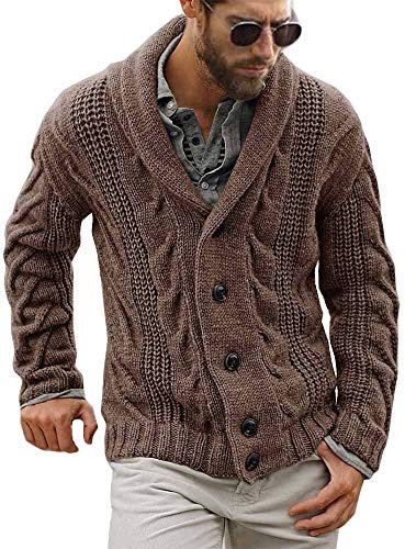 Runcati Mens Cardigan Chunky Knitted Jacket Long Sleeve Cable Knit Cardigan Casual Shawl Collar Buttoned Knitwear Overcoat Winter Outerwear