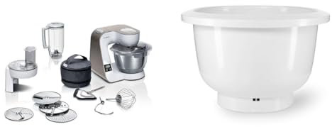 Bosch Küchenmaschine Serie 4 MUM5XW20, Edelstahl-Schüssel 3,9 L & Rührschüssel MUZ5KR1, 3,9 Liter, max. Teigmenge 2,7 kg, spülmaschinengeeignet, weiß, passend für Küchenmaschine Serie 4