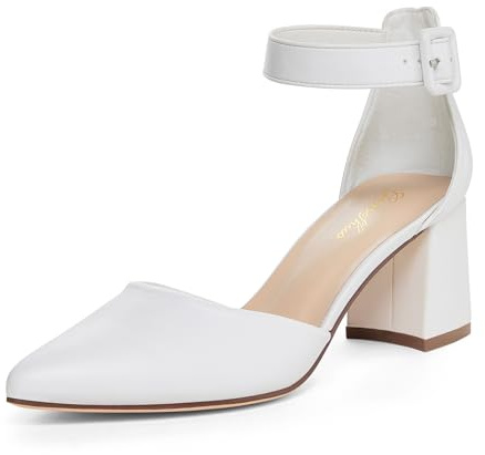 GENSHUO Zapatos de Mujer con Punta Cerrada, Tacón Bajo en Bloque de 6 cm, Correa al Tobillo, Cómodos para Trabajo y Fiestas, Blanco, 38 EU