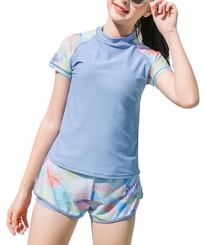 Costume da bagno per ragazze, costume da bagno per bambini, due pezzi, costume da bagno rashguard, pantaloncini da spiaggia, pantaloncini da bagno ad asciugatura rapida, taglia 9-14 anni, Blu, 13-14