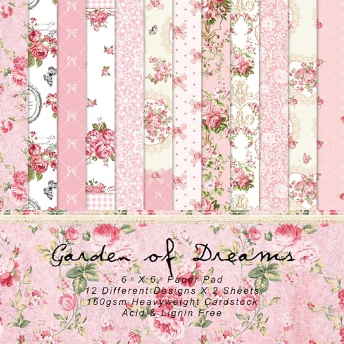 24 Sheets Scrapbooking Pads Paper 6 x 6 Spring Pattern Decotation Pad Set Romantic Pink Decoupage Background Pads Album Scrapbook Decorative Paper for DIY Craft Card Making Gift Wrapping (B)