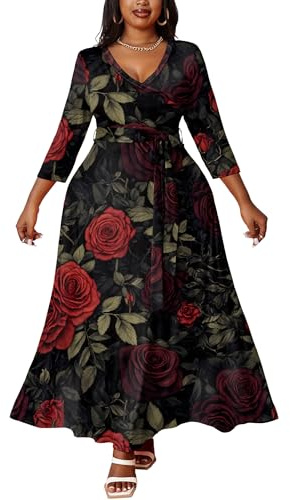 FANDEE Dress for Women Plus Size 3/4 Sleeve V Neck Vacation, Casual Long Dress Sexy Maxi Dresses with Pockets, Black Rose Print, 2XL