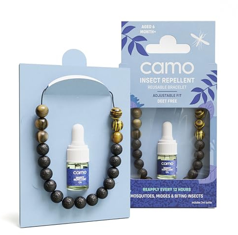 CAMO, Resusable Insect Repellent Bracelet, Natural Black Lava Rock, Contains Repellent to Recharge. Super Strength. Adustable one Size fits All. 2ml,