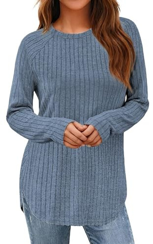 Sukiglam Maglione Donna Maniche Lunghe Girocollo Maglioni a Coste Elegante Pullover Morbido e Elastico Top Tunica Casual Maglione Lungo per Leggings Autunno Invernali Felpa Tinta Unita