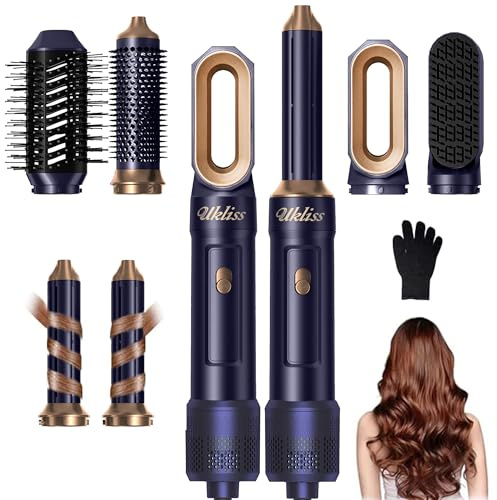 UKLISS Hair Styler 6 in 1, Hair Dryer Brush Set with Automatic Hair Curler, Hair Straightner, Thermal Brush, Round Brush, Blow Dryer, Multi Hair Stylers Gifts for Women Styling - Blue