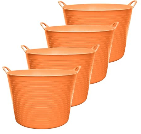Garronda Pack de 4 Capazo Flexible 42 L para Hogar y Jardín - Cubo Plástico Multiusos con Asas, Cesta, Espuertas de Goma, Barreño Resistente para Albañilería, Limpieza y Transporte GD-0184 (Naranja)