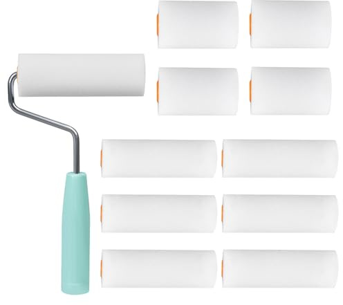 GWEOR Set 11 Pezzi Rullo per Pittura con 10 Ricambi in Spugna (6x 10cm + 4x 5cm) e Manico Universale, Mini Rullino per Pittura Professionale, Ideale per Vernice, Smalto e Fai da Te su Pareti Lisce