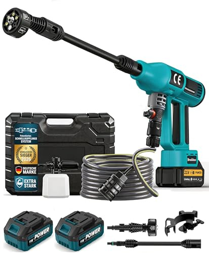Nettoyeur Haute Pression sans Fil 120 Bar, 2X Batterie 4,0Ah, 1500W Moteur | 4 niveaux de pression, écran LCD, débit jusqu’à 600 L/h, buse 6-en-1 et tuyau de 5 m pour voiture, terrasse et jardin (Bleu)