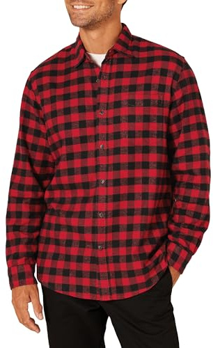 Amazon Essentials Camisa de franela de manga larga Hombre, Negro Rojo Cuadros de Vichy Grandes, S