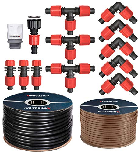 HOLZBRINK Sistema di irrigazione a Goccia, Set di irrigazione tuie e siepi: Linea di gocciolamento 100 m Profi 16 mm, 10 m Tubo LDPE 16 mm, HTB-12-100P-10