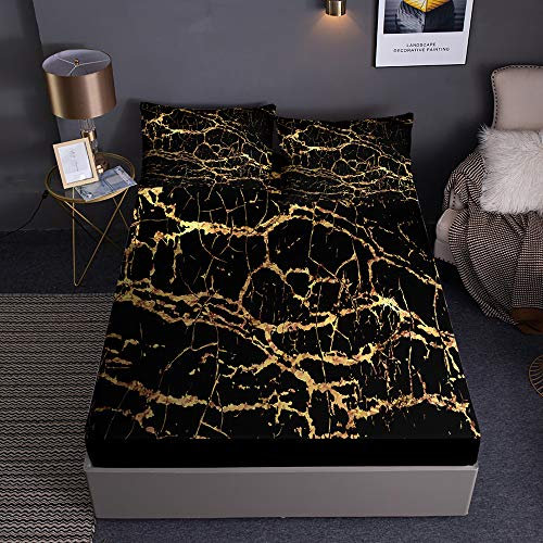 Chickw1 Marmor Drucken Spannbetttuch für Boxspringbett, Rutschfestem Spannbettlaken mit 2 Kissenbezüges - Mikrofaser Matratzenschoner bis 30cm Hohe (Golden,90x200x30cm)