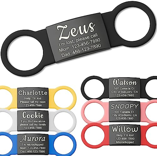 Anavia Slide On Silent Pet ID Tags, S/M/L/XL Personalized Black Stainless Steel Colored Silicone Cat Dog Name Tag, Customized Engraved Nameplate, Quiet Chew-Proof Pet Collar Tag (Black, Small)