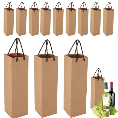 COSORO Bolsas Para Botellas de Vino con Asas,12 piezas Bolsas Papel Kraft Marrón,Fuerte Reciclable Regalos de Embalaje Botellas para Vino Whisky Champán para Fiestas Bodas Cumpleaños Navidad