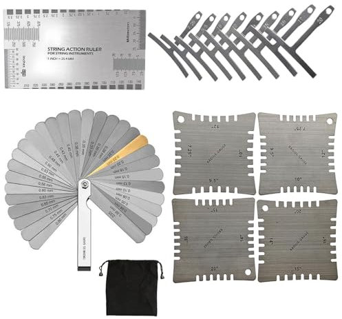 BALUKEYS 47 Pcs Messwerkzeug Set für Gitarren,Gitarrenbauer Werkzeug Set inklusive Gitarrensaiten-Aktionslineal,4 Kerbradius Messgeräte-Set,9 Untersaitenradius Messgeräte Set,Fühlerlehren Set mit 32
