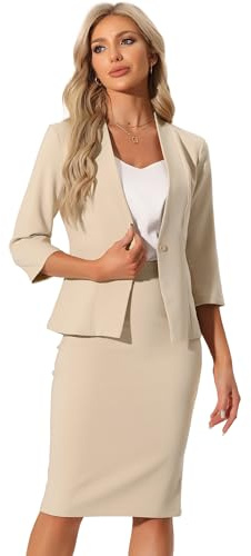 Allegra K Affärsklädsel för kvinnor kjol med kavaj elegant set 2-delad kontor arbete krage lös pennkjol, kaki, S