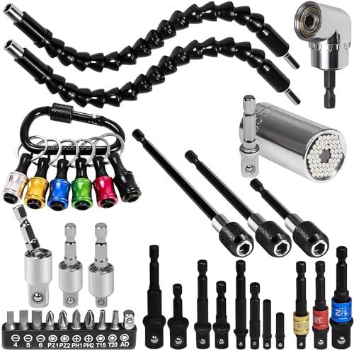 38Pcs Flexible Drill Bit Extension Set, Bendable Drill Extension,105° Right Angle Drill Attachment, Rotatable Joint Socket 1/4 3/8 1/2 Inch Hex Socket Adapter, Screwdriver Bit Kit & Bits Holder