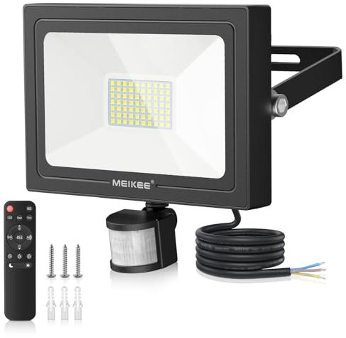 MEIKEE 60W Security Lights with Motion Sensor 5640 Lumen Dimmable PIR Floodlights Outdoor Lights 12m PIR Detection Button & Remote Adjustable IP66 Waterproof for Garden Corridor Entrance Backyard