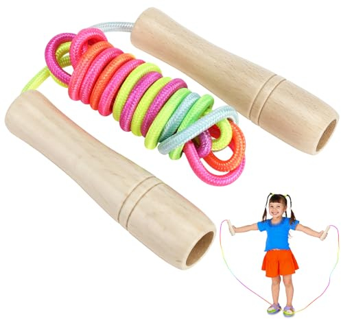 Corde a Sauter Enfant, Corde à Sauter Enfant 3 4 5 6 7 8 ans, Corde à sauter arc-en-ciel pour enfants, 250cm Bois Réglable Poignée Antidérapantes Corde De Coton Colorée Jump Rope Pour Garçon Fille