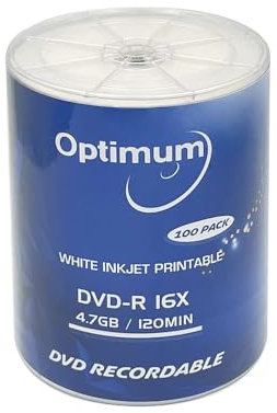 OPTIMUM DVD-R Rohlinge 4,7 GB, 16 x feuchtigkeitsbeständig, weiß, Tintenstrahl-Hub, bedruckbar, beschreibbar, 100 Stück (kein Behälter), blanko DVD-Discs