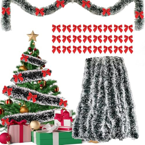 Ghirlanda Natalizia 10m + 24pz Fiocchi Natale Rossi, Ghirlanda Natalizia per Porta, Ghirlanda Natalizia per Scale, Addobbi Natalizi per Albero, Ghirlande Natalizie, Decorazioni Natalizie