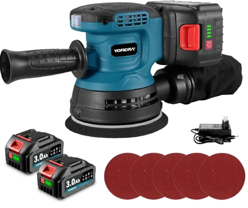Yofidra Random Orbital Sander, 125mm Cordless Random Orbit 3 Variable Speeds, 12000 OPM, 2PCS 3.0Ah Battery and Charger, with Dust Collection for Wood and Steel