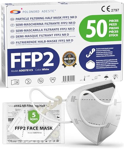 ADESTE – 50 Masques FFP2 NR D Blancs Certifiés CE, approvisionnement contrôlé, élastiques confortables, hypoallergéniques et réglables. EFB 99,5%. Emballage individuel