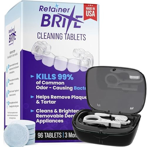 Retainer Cleaner Tablets Kit (96 Count, 3 Month Supply) with Case, Brush & Dental Mirror – Aligner, Invisalign, Denture & Mouthguard Cleaning Tablets for Fresh, Odour-Free Oral Appliances