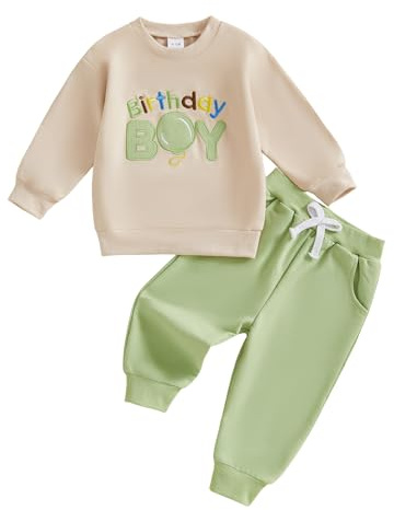 MAHUAOYIXI Toddler Baby Boys Birthday Outfits Letter Ballon Embroidery Round Neck Long Sleeve Sweatshirts Tops and Elastic Waist Solid Pants Sets Kids Boys Birthday Gift (Green, 12-18 Months)