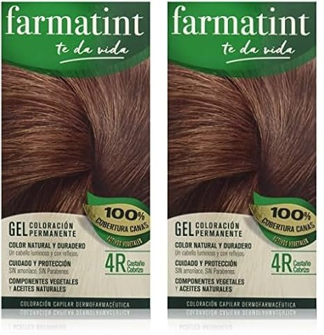 Farmatint Gel 4R Castaño Cobrizo, Tinte Vegetal Permanente, Sin Amoníaco, Cobertura Completa de Canas, Cuida y Protege tu Cabello, Unidad de 170ml, El embalaje puede variar (Paquete de 2)
