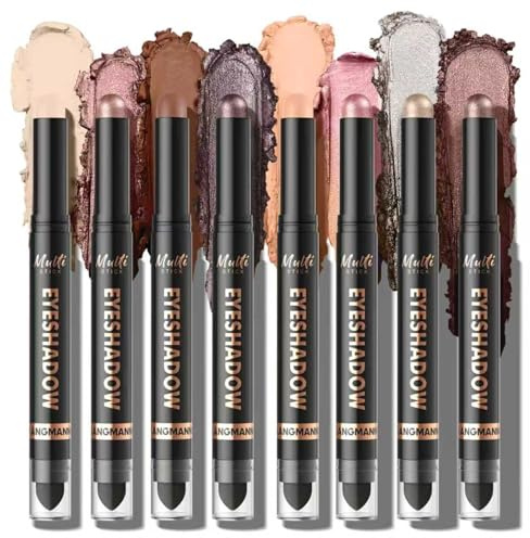 Set de 8 sombras de ojos en barra de doble punta, marrón nude metalizado brillante, lápiz iluminador mate, pincel difuminador incorporado, resistente al agua, maquillaje de ojos de larga duración (#A)