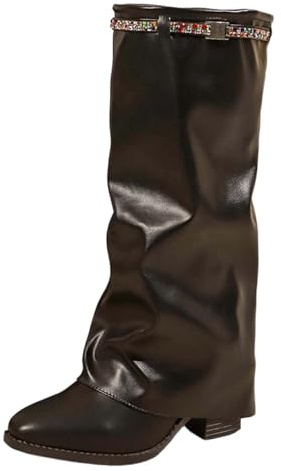 Generisch Stivali sopra il ginocchio da donna Slouchy Boots commercio estero plissettati con tacco alto con strass tacco a blocco Plus Size British Style High Top Cuffed Leg, Nero , 37 EU